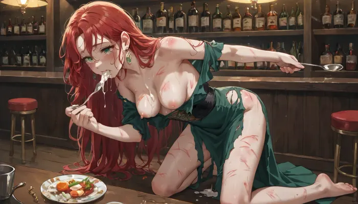 anime, 25 year old woman with long red hair, slim build, medium breasts, ripped open short green dress, (marks on body, marks on tits), kneeling, (eating cum with a spoon), in a bar, vacant expression, tears