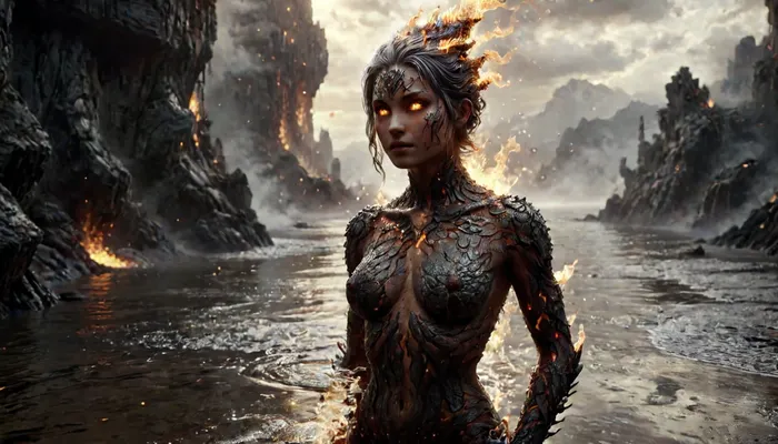 Fire Naked woman with a lizard tail standing, completely covered in silvery scales, large breasts, her breasts are tight and hanging to the floor, the woman is naked. She has a lizard tail, the tail is as long as her body. The tail is raised up. It is covered with scales, the skin is covered with scales, the woman fire has scaly skin the scales are ashy silver, (correct tail positioning), (no missing limbs), (han, yu, long, huang\), (han, yu, long, huang\), ral-embrglt, DonMF1r3y4by55XL, firecd_xl, flmngprsn, <lora:ral-embrglt-sdxl:2>, <lora:DonMF1r3y4by55XL:2>, <lora:firecd_xl-000017:2>, <lora:lora-sdxl-flaming-person:2>, <lora:SG2:2>