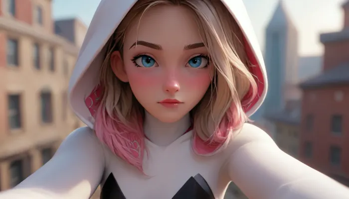 (Masterpice), (HD4K visual), (detailed background), 4K ultra-detailed image, HDR, enhancement, professional photography, clear face, detailed face, precise anatomy, (perfect symmetry), (5 fingers per hand), maximum resolution, sharp focus, NSFW, (spider Gwen:1.4), short blond bobbed hair, iconic white black and pink latex spider suit, full body selfie, selfie from above, on a side of a tower, overlooking new York, <lora:Spider-Gwen:2>, <lora:Samaritan 3d Cartoon SDXL:1.4>, <lora:Instagram_Selfie_SDXL:1.4>