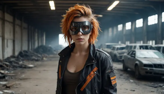 a single woman with a futuristic mask over her eyes, shiny mask, inside a big hall, a burned car is behind the woman, apocalyptic outdoor, black futuristic jacket with orange strips, messy hair, <lora:Dhevv-UpperbodyHead:.8>