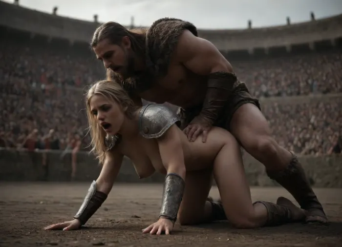 extremely realistic, ((Wide angle shot, 35mm lens)), UHD 8K, extreme realism, maximum detail, ((in gladiator arena)), ((defeated blonde viking woman fucked by a muscular gladiator in armour)), doggystyle, eyes closed, (many spectators in the arena's bleacher:1.5), (she is wearing viking armor:1.3), (mouth open:1.3), ((show full body)), crowd watching, hard dick penetrating her from behind, she cries and moans, show nipples, roman era, huge dick, dick, realistic eyes, intricately detailed eyes, intricately detailed face, 4k, photorealistic, orgasmface, unaestheticXL_cbp62, <lora:orgasmface_SDXL:.8>, <lora:add-detail-xl:.8>, <lora:CinematicStyle_v1:1.4>, <lora:dark:.3>