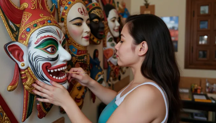 Indonesian artist finishes making a colourful mask of the demon Rangda, (cutting the demon's teeth with a thin chisel), . The mask hangs on the wall of the workshop surrounded by other masks., (Work process:1.4), photorealistic image, bright colours, natural lighting, bokeh.