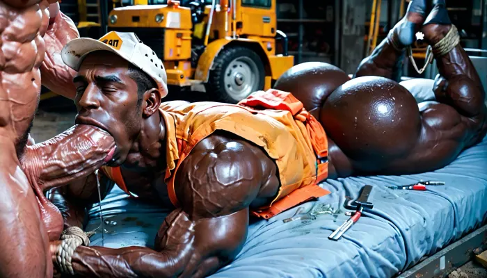 ((messy blue bed)), ((Extremely handsome African American, (black skin:1.5), twink, lean muscles, black male, getting forced to deepthroat a cock of a construction worker)), massive, enormous, big, black, large cock, (huge penis:1.5), eyes closed, thick saliva threads, ((lying on stomach)), ((hands tied behind back)), ((painful expression)), sucking cock, (black skin:1.5), shocked expression, huge large, big ass, (big ass:1.5), burglar shooting clear cum out of cock, Object, gd, erection, sex, penis, <lora:Penis_XL:.5>, <lora:flat_chested_v3.5:.5>