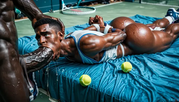 ((messy blue bed)), ((Extremely handsome African American, (black skin:1.5), twink, black male, getting forced to deepthroat a cock of a tennis player)), massive, enormous, big, black, large cock, (huge penis:1.5), eyes open, tears, thick saliva threads, ((lying on stomach)), ((hands tied behind back)), ((painful expression)), sucking cock, (black skin:1.5), shocked expression, huge large, big ass, (large ass:1.6), burglar shooting clear cum out of cock, Object, gd, erection, sex, penis, <lora:Penis_XL:.5>, <lora:flat_chested_v3.5:.5>