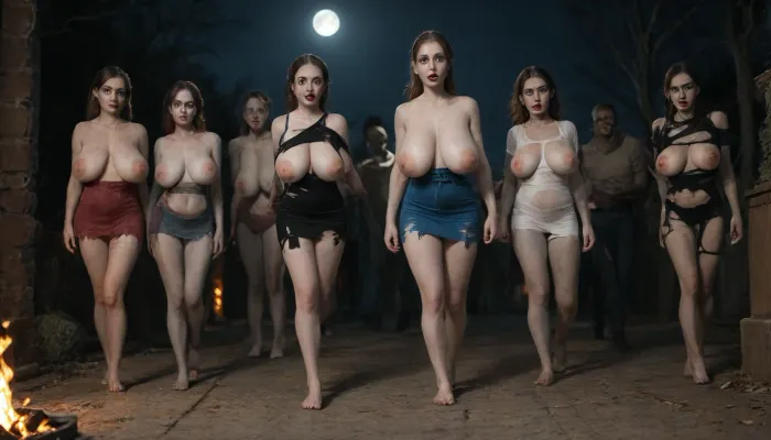 orgy, (zombie:1.7), (horror), shaved, walking, (white skin:1.7), (abused marks:1.8), pear breasts, (big breasts:1.6), (sagging breasts:1.1), (large areolas:1.4), pink areolas, tiny feet, (slim:1.2), (torn dress:1.5), full body view, sky, moon, (fire:1.3), lighting