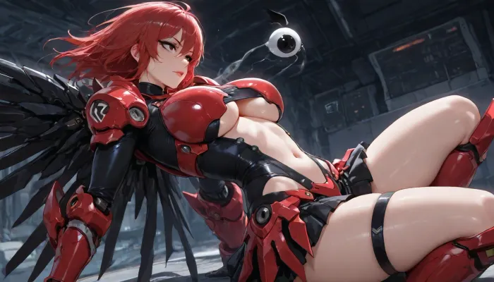 (((1woman, 25 years old, red hair))), photography photo, size four large breasts, ultra cleavage, underboob, realistic, masterpiece, perfect skin, horny face, horny, (long big thick black eyelashes), (mascara for long lashes:1.3), (intense black eyeliner:1.3), (black intense eyeshadow colours:1.6), big blue open eyes, white eyeballs, eyes wide open, pointed nose, thick lips in red lipstick, (((red mecha armor))), (((red full armor on arms and legs))), (((red mecha wings))), (gloves), mini skirt, (((Floating in the air))), leaning back, side view, (close up), best quality, garter tattoo, on a dark space station, realy dark, red lights at walls, (((1girl))), dynamic pose, ((sexmachine)), kneeling, <lora:Mecha_Ggorgeous_Armor-000011:1.2>, <lora:Sci-fi_Space_Stations:2>, <lora:Her_Eyes:.8>