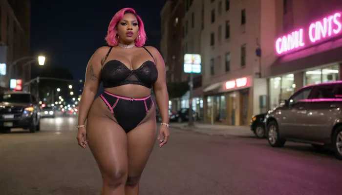 black ssbbw bbw hooker prostitute pink hair pink neon see through body suit pink high heels hoop earrings gold Oakland outside streets nighttime the blade