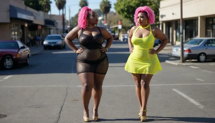 black ssbbw bbw hooker prostitute pink hair yellow neon see through neon yellow mesh webbing dress high heels hoop earrings pierced nose and lips gold Oakland outside streets daytime fruitvale soliciting cars the blade