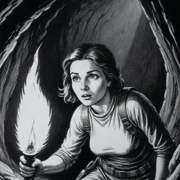 Close-up of a female caver exploring a cave, wearing a climbing harness and caving suit, holding a lit torch. Ink drawing, pen and ink technique, with cross-hatching and line work. The dynamic movement of the woman and the torch flame in a dark, rocky cave are detailed and illuminated solely by the torchlight, creating cross-hatching to add volume. Drawn using line drawing and cross-hatching techniques to create volume, depth, and shadows, and to define the caver, in her harness and caving suit, exploring the cave. The detailed rock walls and cross-hatching create shading and volume, adding depth and highlighting the torchlight. Drawn on textured patchwork paper. Fine lines and shading are visible throughout the drawing. Pen and ink style. Fine marine ink, fine pen and ink lines, surgical precision strokes in the fine details and firmness in the details of the thicker lines. Creative and precise pen shading, ink drawing. 02-line-art-v, 2, .1>p ²Q, .., vntg, line art, <lora:SDXL_Inkdrawing_v1:1.1>, <lora:vntg-line-art-v2:.8>, Fresh and creative pencil strokes, <lora:Fresh Ideas@Pen and ink drawings_SDXL:.8>