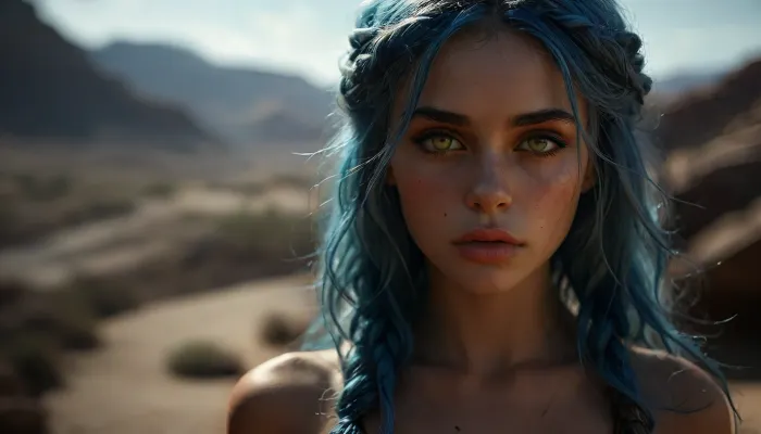 The whole body is depicted in full growth shows his butt to the viewer The girl is depicted in a full-on scene in the center, a desert landscape, a riot of the elements, an attractive Viking with long blue hair, braids on his head Full body photo, long beautiful legs, Smolder. It's a beguiling expression. Wearing linen desert leather armor, Fighting the elements in the desert No helmet, the background is desert. digital painting, digital illustration, extreme details, digital art, 32k, ultra hd, beautiful character portrait d&d, dark fantasy, detailed, realistic face, intricate armor, five-jet character, lope, Stanley Arthur Lau, Ilya Kuvshinov, art station, octane render, hyperrealism, dynamic lighting, unreal engine, clean lines, deviant, discordia, dark skin, feminine, hair, over, one, eye, elf, pointy, ears, parting, lips, yellow eyes, 4ng3l, face, rpg, portrait, photograph, <lora:DetailedEyes_V3:2>, <lora:dark:1.6>, <lora:SDXL_BetterFaces-LoRA_v1:1.1>, <lora:MJ52:.5>, <lora:rpg_portrait:.8>