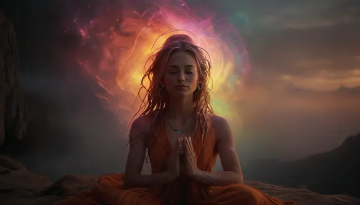 (warm ambient light:.5), Full body view of a slim, flat-chested blonde cute woman doing morning meditation against the breathtaking backdrop of the Tibetan mountains. silent smile, closed eyes, she is dressed in 70s hippie clothing, with dreadlocks, (perfect hands:1.4), (perfect fingers:1.4), perfect posture, and a perfect face. she looks invitingly hot, realistic matte skin, skin texture visible, as she meditates, (a glowing, mystical and breathtaking visible circled AURA forms around her entire body:1.8), (filled with vibrant and ethereal colors and symbols:1.6), (aura of energy and light:1.7), A morning mood, mist over the mountains, and morning dew. peacefully, (photorealistic:1.5), 8k, UHD, strong sidelight, contrast, tack sharp, slim, petite, shadows on skin, (face in ultra sharp focus), (high quality), (face visible), RAW image, Canon EOS. R3, DSLR photo, best quality, (realistic skin, photo-realistic:1.2), ultra high res, UHD 8K, extreme realism, maximum detail, sunlight_str1, cloudy, smoke, atmospheric, clouds, fog, Artnthrmg, Aura, Jellyfish, Blue, eyes, Moon, Woman, Glow, <lora:sunlight_str1-SDXL_v1-dim64-steps1691:.8>, <lora:MJ52:.8>, <lora:Cloudy_Style:.9>, <lora:artfullyNETHERMAGE-000015:1.6>, <lora:Italian_girl:.8>