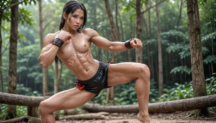 thai girl, muay thai fighter, traditional muay thai outfit, muay thai headring, Mongkol, boxing gloves, muay thai fighting pose, (oiled skin:1.3), long black hair, Barefoot, outdoor, thailand jungle, side view, 4ng3l, face, uberfit, muscular, athletic, Jackhanma, <lora:SDXL_BetterFaces-LoRA_v1:2>, <lora:uberfit_lora_sdxl:1.1>, <lora:Jack_Hanma-000009:.8>