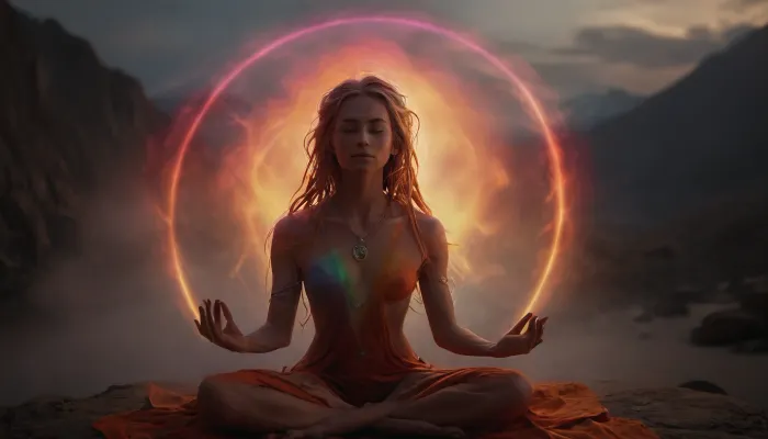 (warm ambient light:.5), Full body view of a slim, flat-chested blonde cute woman doing morning meditation against the breathtaking backdrop of the Tibetan mountains. silent smile, closed eyes, she is dressed in 70s hippie clothing, with dreadlocks, perfect hands, perfect fingers, perfect posture, and a perfect face. she looks invitingly hot, realistic matte skin, skin texture visible, as she meditates, (a glowing, mystical and breathtaking visible circled AURA forms around her entire body:1.8), (filled with vibrant and ethereal colors and symbols:1.6), (aura of energy and light:1.7), A morning mood, mist over the mountains, and morning dew. peacefully, (photorealistic:1.5), 8k, UHD, strong sidelight, contrast, tack sharp, slim, petite, shadows on skin, (face in ultra sharp focus), (high quality), (face visible), RAW image, Canon EOS. R3, DSLR photo, best quality, (realistic skin, photo-realistic:1.2), ultra high res, UHD 8K, extreme realism, maximum detail, sunlight_str1, cloudy, smoke, atmospheric, clouds, fog, Artnthrmg, Aura, Jellyfish, Blue, eyes, Moon, Woman, Glow, <lora:sunlight_str1-SDXL_v1-dim64-steps1691:.8>, <lora:MJ52:.8>, <lora:Cloudy_Style:.9>, <lora:artfullyNETHERMAGE-000015:1.6>, <lora:Italian_girl:.8>