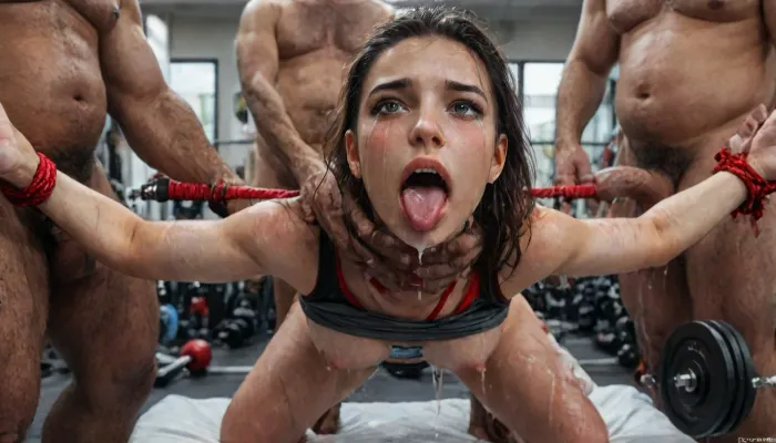 Cute sweetie nemona from pokemon, award winning photo, extremely beautiful, perfect face, beautiful face, (natural medium firm breasts:1.3), hourglass figure, black hair, shinny hair, long hair, bangs, (bright glowing hazel eyes:1.1), round face, round cheeks, pointy chin, college woman, sexy, model, gorgeous, stunning, pink nipples, deep cleavage, waist, perfect waist, hourglass shape, wet body, medium tits, thigh gap, (white sheet microthong), (sports bra), (perfect detailed cameltoe:1.5), (detailed vagina with engorged clitoris:1.2), (large erect nipples:1.5), perfect skin, freckles, full lips, ultra high details, flashing breasts, hips, super waist, perfect anatomic body, perfect ass, erect nipples, all natural featurew, attractive face, perfect nose, beautiful woman sexy, feminine curves, freckles face, pretty face, realistic, (gym:1.5), (standing in the gym, seductive pose), ((5 dirty old fat men gangrape girl:1.36)), random sex scene, rapefantasy, Rating_explicit, (score_9, score_8_up, score_7_up, source_bdsmrape:1.12), (best quality, award-winning photograph, sharp focus), realistic cum, (cum on clothes), cum on, (Cum flows:1.5), (cum on body), cum on hair, (cum on face), bukkake, ((Clothes and body covered with semen)), (mouth wide open:1.4), (mouth filled with cum:1.5), beautiful face, (cum on hair:1.3), (detail thick white cum on hair), (detail thick white cum on face), (huge dick), (creamy deep deepthroat:1.36), (extreme oral sex:1.24), (huge massive white dick:1.4), (cum), (hands holding hair), (woman is stuck in a slave table spreading her legs wide), detailed eyes, (exmination chair in a doctor's practice), clinical hospital environment, (legs restrained in gynecological contraption:1.6), (wide angle, full room in view), (smile), (her legs are fixated in roof with chains:1.5), (anal spit roast:1.18), skinny, old men gangbang petite girl, (gigantic large black cock in mouth:1.3), oral cream pie, hair grab, sad, sad crying, tongue out, gasping for air, ((crying alot:1.35)), extremely shy, (5 men jerking off on her:1.4), ((old man fucking her from behind:1.5)), ((brutal sex:1.3)), ((extremely rough pounding)), ((forceful)), natural light, extreme realism, cinematic still, hyperrealistic, spectacular lighting, (wide mouth spreader:1.3), anal penetration, (hogtied, bound for sex, tied up), deep anal penetration, (double anal penetration), hardcore double penetration, proper physics, 8K, BadX, Stable-Yogis-Makeup-Enhancer-XL, (((large massive, veiny cock in mouth:1.16))), (eyes wide open in horror:1.45), (wide mouth spreader:1.12), (pleading expression:1.28), (terrified:1.36), (crying:1.46), (fear and panic:1.36), (man is choking her from behind:1.4), ((hogtied, bound for sex, tied up)), red whip marks on body and tits, (whip_marks:1.46), (flogged_tits:1.24), slap marks, screaming, shocked, interracial gangbang, <lora:LCMTurboMix_Euler_A_fix:2>, <lora:JuggerCineXL2:2>, <lora:Dark_Elf_Warrior:2>, <lora:Drow:2>, <lora:zavy-brbrn-sdxl:2>