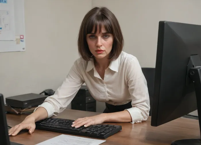 (masterpiece, best quality, ultra detailed, realistic style, photorealistic, highres), in office, (woman is typing on a computer keyboard while standing at a table), (mature woman Anna 40 years old, (dark straight medium bob hair with bangs), (thin narrow triangular face, narrow long nose, feint small amount of freckles across nose, thin narrow lips, dark grey eyes, caucasian), petite skinny body, (skinny:1.3), natural small flat sagging tits, no tattoos), (wearing white blouse, black skirt, black tights, heels), her skirt is up, tights and panties are down, boss fucks her from behind holding her by the waist
