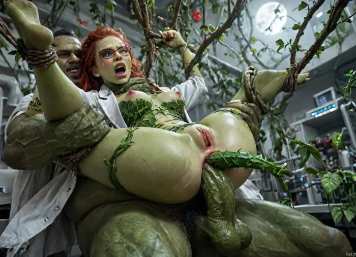 Poison ivy, (fucked in the ass by giant plant cock), . She is wearing glasses and lab coat. She is in a laboratory. Yelling, (angry face:1.1), (wrists and ankles bound by vines), torn clothes, torn green tights, one black office heal, (green skin:1.3), green pussy, green hands, green Feet, (bright red hair), cum leaking from asshole, e, shot with a Leica M10 Summilux 50mm f/1.4, ultra-photorealistic, lifelike colors, Uber realistic, ultra detailed, arched back, detailxl, 35mm photograph, film, ((Hyper realistic)), (ultra HD image), 8k, super high quality, super high resolution, extremely detailed, perfect face, perfect eyes, ((crying alot:1.165)), extremely shy, 1 girl, 8 old men, ((gangbang_rape, doubleanal_rape, arms_behind_head, nsfw:1.24)), ((hogtied, bound with large chains, tied to a torture van:1.18)), (Torture, defiling, sadism:1.12), ((5 dirty old fat men gangrape girl:1.5)), ((view from the side)), ((brutal sex:1.3)), ((extremely rough pounding)), ((forceful)), (in a bloody field after a battle, white full moon in the sky:1.4), (man is choking her from behind:1.2), ((hogtied, bound with large chains, tied to a torture table:1.18)), ((((12 giant african muscular men:1.4)), (opening wide her little mouth:1.5), (interracial sex), ((anal fuck 1.5)), (big white cocks, muscular white old men gangbang, 6 large muscular old men, gargantuan old men cocks, anal sex expansion, large hyper muscular old men men, old men group sex gangbang, (old men gangbang sex), swollen white veiny cocks), (double anal penetration), hardcore double penetration, many men filming her with cellphones laughing, anal sex expansion, large hyper muscular fat old men, (double anal sex), (double anal penetration:1.4), proper physics, muscular white old men double anal gangbang)), (forceful penetrations), extremely graphic, shocked expression, beautiful hands, massive cum in ass, (eyes wide open in horror:1.72), (wide mouth spreader:1.8), (pleading expression:1.56), (terrified:1.68), (crying:1.165), (fear and panic:1.76), (pulled nipple clamps:1.4), (anal spit roast:1.12), (large massive cock in mouth:1.12), deep anal penetration, (very low view:1.7), (dynamic pose), (dynamic angle), (random view angle:1), (random pose:1.12), (dynamic view), (random view:1.12), cinematic_lighting, blush, ((hogtied, bound with large chains:1.3)), (wide mouth spreader:1.24), (Torture, defiling, sadism:1.18), bound in a torture chamber, <lora:LCMTurboMix_Euler_A_fix:2>, <lora:detailed_notrigger:2>, <lora:photorealistic_portrait_notrigger:2>, <lora:JuggerCineXL2:2>, <lora:CinematicStyle_v1:2>