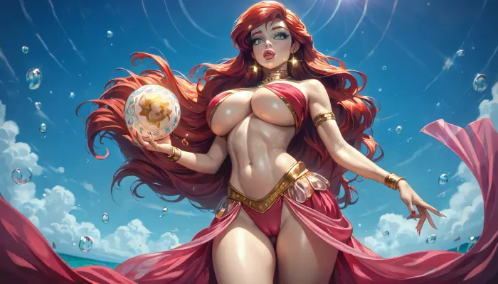 (Ariel), huge perky breasts, huge chest circumference, very huge giant cleavage, slim, hip gap, gorgeous face with sharp jawline and thick lips, full lips, lip gloss, long eyelashes, perfect eyes, dancer outfit, underboob, big cameltoe