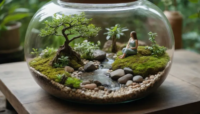 Photo of a terrarium, inside is a hyper-realistic scene of a sunbathing woman on a large flat rock by a river, around the terrarium is a bonsai garden, (miniature, woman)