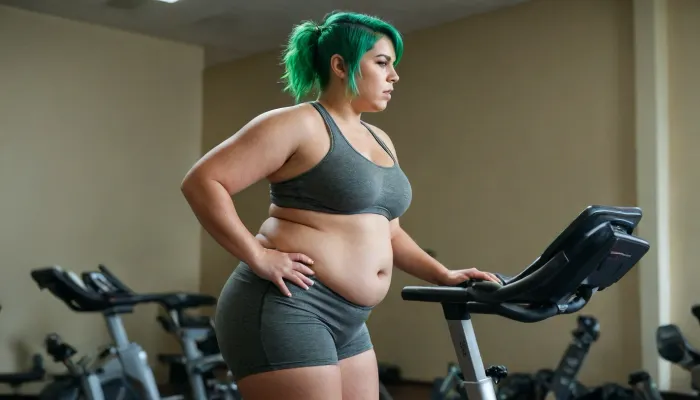 Latina fat bbw chubby huge belly and thighs smal tits pixie cut green hair sweaty gym peloton exercise bike soaked in sweat side view full body wet clothes