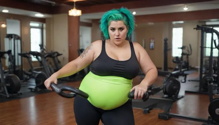 Latina fat bbw chubby huge belly and thighs small tits short pixie cut neon green hair sweaty gym peloton exercise bike soaked in sweat side view full body wet clothes