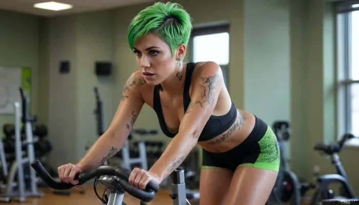 Latina short muscular ripped huge thighs small tits short pixie cut neon green hair sweaty gym peloton exercise bike soaked in sweat side view full body wet clothes pierced nose piercings tattoos big ass bbl