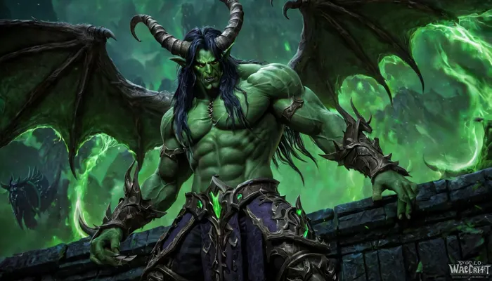 Illidan Stormrage from World of Warcraft，The background is The Black Temple in World of Warcraft.
Illidan Stormrage stood on the wall of The Black Temple in World of Warcraft. The camera angle captured Illidan Stormrage from head to toe.