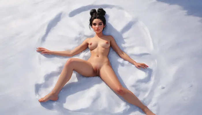 one woman, Skjorta, scandinavian, black short hair bun, 25 year old, laying naked on snowy ground and making snow angels, body covered in snow, top view from above, dynamic angle, artwork, digital painting, concept art, flat colors, loading screen art style, SamDoesArts, making, snow, agnel, <lora:SDXLSamDoesArts:1>, <lora:making_snow_angel_xl_v1:1>