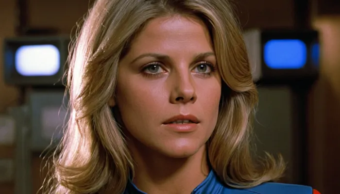 Cinematic, golden hour, 70mm Panavision, 1972, Lindsay Wagner is The Bionic Woman, a retro cyborg female. In the scene, she is racing the Six Million Dollar Man played by Lee Wagner, and her blue track suit is damaged from combat, bullet holes, smoking burns, woman has damage to arm with sparking circuitry, small face lacerations exposing circuitry, Cyberpunk meets 1970's action drama., cyborg, style, android, <lora:cyborg_style_xl-alpha:.8>