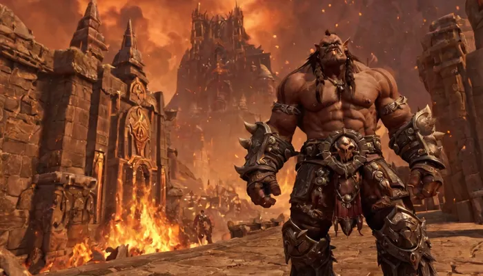 Garrosh Hellscream from World of Warcraft，The background is the Orgrimmar City of World of Warcraft.
Garrosh Hellscream stood on the city wall of the main city of Orgrimmar（World of Warcraft）. The camera angle captured Garrosh Hellscream from head to toe.