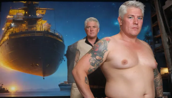 Wide view of a sci-fi landscape with futuristic big Spaceships in blue Sky, Platform with lots flying spaceships in Yellow Sky, (Cyberpunk:1.5), SSBBW fat obese 40+ housewife, Take off work clothes in front of Spaceship in Zero-Gravity, (full yakuza tattoo Body is illuminated by the glow of ship drives:1.9), (detailed nice friendly realistic Face with seductive look to camera, lustful moans, freckles on face, grey haired:1.9), Nice obese Pornstar, big super huge breasts, sagging tits, Big Nipples, Big Pussy, Big Labia, obese legs