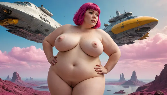 Wide view of a sci-fi landscape with futuristic big Spaceships in blue Sky, weightlessness with lots flying spaceships in Yellow Sky, (Cyberpunk:.1), fat obese 40+ housewife, overweight, SSBBW, Take off work clothes at Spaceship in Zero-Gravity, her nice Body is illuminated by the glow of ship drives, (detailed nice friendly realistic Face with seductive look to camera, lustful moans, freckles on face, magenta bangs), Nice obese Fat Women, big super huge natural sagging breasts, hanging out, Big Nipples, Big Pussy, obese legs