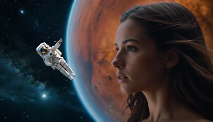 Cinematic, hyper-realistic, epic science fiction, far future, spacecraft drifting in front of the horse-head nebula, a beautiful and naked astronaut repairs the ship's transmitter dish in open space, she wears no spacesuit, no helmet, and her long brunette hair floats freely while a soft and translucent aura protects her from vacuum.
