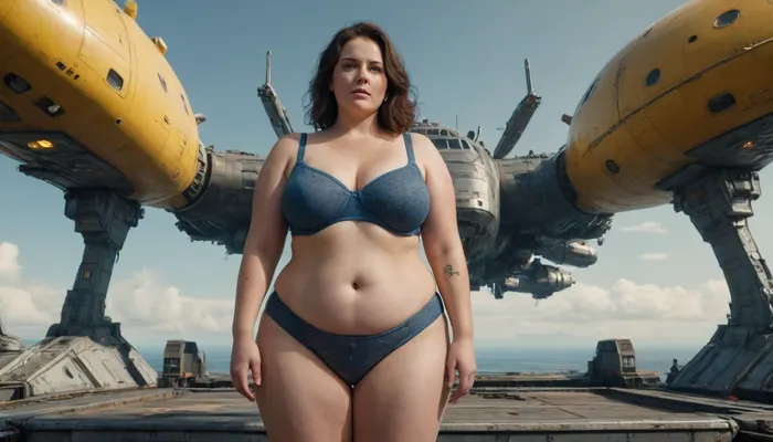 Wide view of a sci-fi landscape with futuristic big Spaceships in blue Sky, Platform with lots flying spaceships in Yellow Sky, (Cyberpunk:.3), a fat obese 40+ housewife, overweight, SBBW, Take off work clothes in front of Spaceship in Zero-Gravity, her nice tattoo Body is illuminated by the glow of ship drives, (detailed nice friendly realistic Face with seductive look to camera, lustful moans, freckles on face, dark-grey haired), Nice obese Fat Women, big super huge breasts, hanging out, Big Nipples, Big Pussy, obese legs, clothing fly away