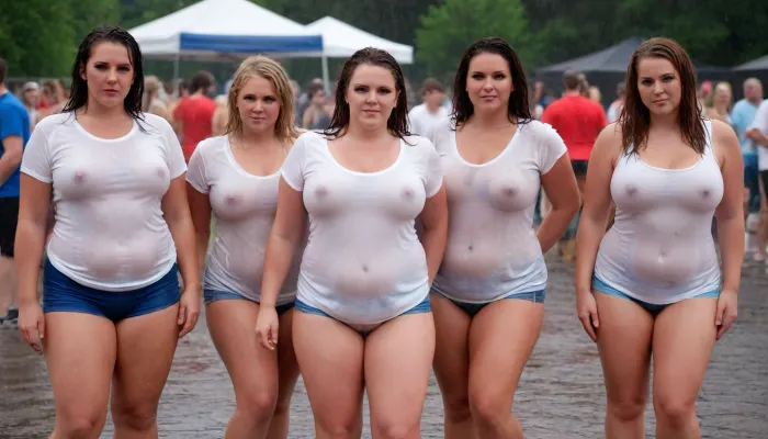 a gathering of beautiful sexy bbw women, posing at a wet tshirt competition, full body images, w3t, wet, tshirt, <lora:w3t_SDXL:.7>