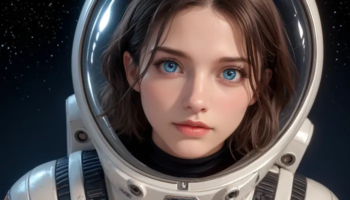 Cinematic, hyper-realistic, epic science fiction, far future, spacecraft drifting in front of the horse-head nebula, a beautiful brunette blue-eyed astronaut repairs the ship's transmitter dish in open space, she wears a skin-tight spacesuit