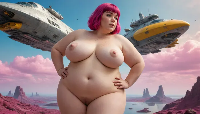 Wide view of a sci-fi landscape with futuristic big Spaceships in blue Sky, weightlessness with lots flying spaceships in Yellow Sky, (Cyberpunk:.1), fat obese 40+ housewife, overweight, SSBBW, Take off work clothes at Spaceship in Zero-Gravity, her nice Body is illuminated by the glow of ship drives, (detailed nice friendly realistic Face with seductive look to camera, lustful moans, freckles on face, magenta bangs), Nice obese Fat Women, big super huge natural sagging breasts, hanging out, Big Nipples, Big Pussy, obese legs