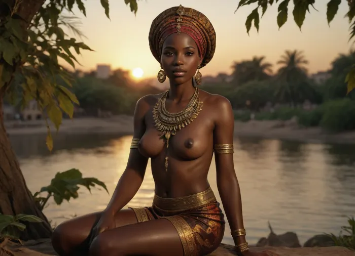 In an exquisitely detailed, photorealistic Nubian setting, under a golden, setting sun, full body view of, (a sitting elegant African woman masturbating:1.4), by the banks of the Nile, perfect face, (dark skinned:1.3), (perfect rendered vagina:1.1), hided and surrounded by lush, vibrant vegetation and intricate, ancient architecture. She is dressed in flowing, traditional Nubian attire, adorned with beautiful, intricate jewelry, her posture confident and graceful. As she gently touches herself, her eyes meet the viewer’s with a captivating, alluring gaze, hinting at mystery and strength. The atmosphere is filled with the gentle rustling of leaves and the soft flow of the river, creating an enchanting, immersive ambiance. Every detail, from the texture of her clothing to the patterns of the surroundings, is rendered with stunning realism, capturing the timeless beauty and strength of this Nubian woman, <lora:detailed_notrigger:.8>