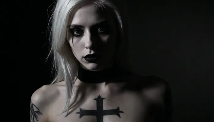 High contrast, Alternative, sexy position, full upper body view, 18 year old woman, goth, gothic, black eye shadow, black lipstick, black collar, body painted white, long hair, very white hair, super skinny, scruffy hair, dirty, ghostly, skinny body, fair skin, moaning, cross tattoo, hdri light, solo focus, pussy close up shot, <lora:SDXL_White_Sa_May:.4>, <lora:dark:.4>