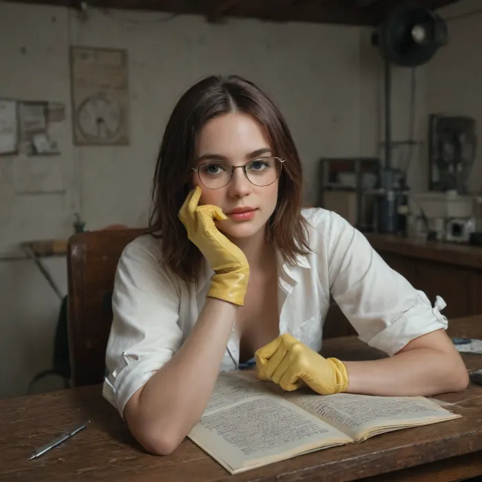 Scope_9, score_8_up, score_7_up, This image presents a woman with a focused expression looking directly at the viewer, set in what appears to be butchery or morgue environment, with an unsettling ambiance.
The composition centers around a woman, framed from the chest up, positioned on a reflective stainless steel surface of a butchery table, suggesting she is lying down. The perspective is from the viewer's point of view lying on the stainless steel surface, viewing angle approximately 1 inch above the butchery table surface. Dried blood splatters are scattered on the stainless steel surface, adding an element of disquiet. The background features a morgue or butchery athmoshere with bloodstained tile walls, hook rails attached at the walls, various butcher tools hanging from the hook rails, meat hooks with half pig halves hanging from ceiling, three stainless steel coffins stacked on top of each other at the rear wall. The lighting is focused on the subject's face, making it the central point of the image.
The woman is the primary subject, wearing nerdy glasses and a focused expression and eureka look to viewer, folded up bloodstained faceshield, yellow rubber gloves. She rests her arms on what appear a stainless steel table, supporting herself as she gazes directly at the viewer. Bloodstained garden prune shears and a bloodstained carpenter claw hammer lie clearly visible in front of her on the stainles steel table. Her expression is a mix of intensity and perhaps apprehension. Her hair is light brown and pulled back, and her face shows no distinct emotion. The direct eye contact establishes a connection with the viewer.
The image has a strong cinematic or photographic quality, with a focus on realism. The use of natural lighting in the background, contrasting with the direct, artificial lighting on the subject, is noteworthy. The choice of colors, particularly the green background and the red of the blood, heightens the atmosphere. The technical execution shows a high degree of detail, emphasizing textures and the reflective quality of the floor.
The setting appears to be an institutional space, possibly a butchery or a medical facility like a morgue, indicated by the shelving and the cold, metallic environment. The lighting is dim, casting shadows that suggest mystery. The scattered blood creates a stark contrast against the clean environment, contributing to the suspenseful and eerie atmosphere. The overall mood is one of tension and ambiguity, drawing the viewer into the scene and prompting questions about the narrative., mooning, glove, <lora:mooningv2_SDXL:2>, <lora:adjusting glove XL-v1:1.5>