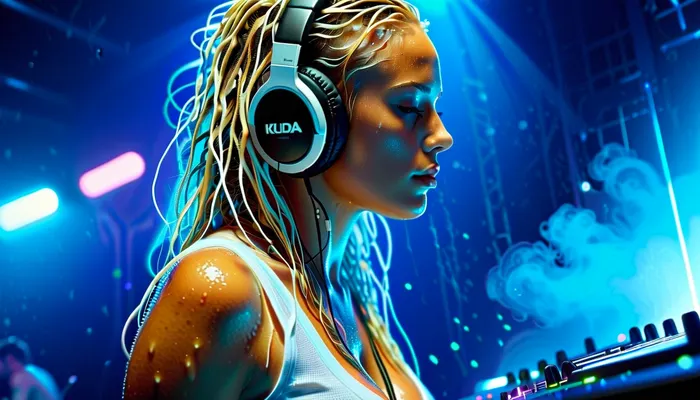 Masterpiece, perfect proportions, side view, beautiful sexy 20 years Dutch woman, DJing in a club, very long wet cascading blonde hair, large boobs, (perfect face), high detail, ((white wet tank top, deep cleavage)), sweating a lot, ((DJ headphones)), mixing tables, eyeliner makeup, perfect eyes, discotech, scifi, uv, blacklights, <lora:MJ52:.5>, <lora:Sweaty_Realism_4-000006:.8>, <lora:NaviDiscoTechXL-000011:.8>
