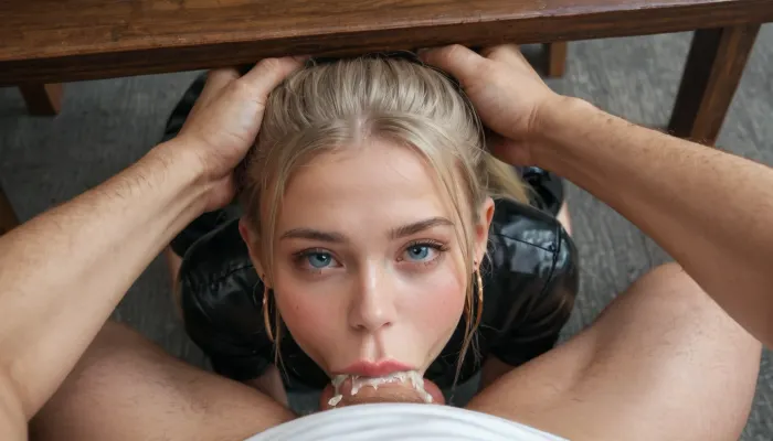 (masterpiece, best quality, highres, photorealistic), 1girl, 18 years old, cute, 1male, pretty face, (full lips), platinum blonde hair in high ponytail, bangs, ponytail, half closed dark blue eyes, squint, light blush, light makeup, white business shirt, seductive eyes, hoop earrings, (black latex skirt:1.3), (head into crotch), open mouth, tongue out, licking testicles, cum in mouth, seductive, heavy blush, looking up at viewer, paizuri, fellatio, (very deepthroat:1.6), mouth open, hands on head, male sitting with girl hiding under table, girl hiding under table, cum explosion, soft lighting, highly detailed background, night scene, moonlight streaming through office windows, inside an office, volumetric lighting, vivid colors, smooth textures, natural and soft contrasts, expressive atmosphere, shot from above, cinematic composition, detailed textures of clothing, skin, and furniture, ultra-sharp focus, realistic anatomy, HDR