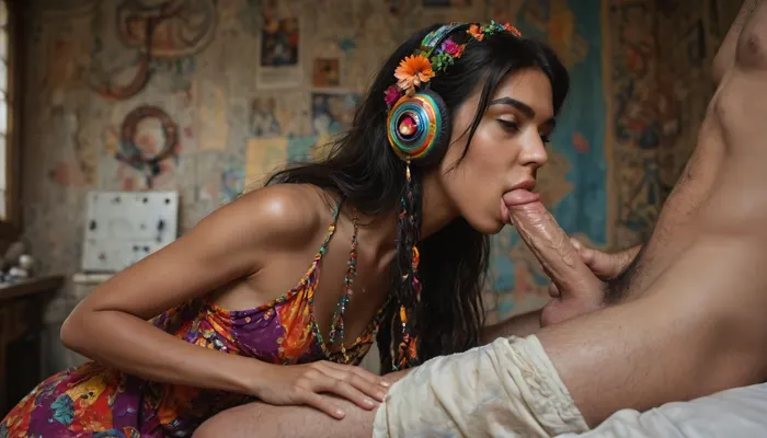 close view, (create a two individuals scenario:1.4), In a 1970s-inspired vintage bedroom, (18 years old African woman has encounter with famous musician:1.4), perfect hands, full body view, (very long black hair), (ultra dark skin:1.3), closed eyes, (detailed tongue:1.4), nipples, eagerly, (giving blowjob to older white male rock star:1.5), (cozy licking hard penis:1.2), side view, photo realism, her long, slightly tousled black hair framing her face, (she wears a colorful and form-fitting dress with intricate patterns:1.4), (reflecting the bohemian hippie style:1.5), skinny figure, perfect anatomy, the room is filled with vibrant, self-painted furniture, (and walls adorned with posters of music bands:1.4), (posters of the Band, The Doors:1.4), (hairy pussy:1.4), as well as travel and concert photographs, (a high-detail vintage turntable sits on the floor:1.4), (surrounded by vinyl records and album covers:1.2), she listens to music, (placing records on the turntable:1.3), (wearing vintage headphones:1.5), her expression is horny and satisfied, the scene is rich in detail, from the texture of her skin to the intricate patterns of her dress, the atmosphere captures the essence of the 70s, with high realism in every element, from her hands and feet to the delicate details of her face, <lora:detailed_notrigger:.6>, <lora:SDXLFaeTastic2400:.5>, <lora:MJ52:.4>, <lora:Portrait_perfection:.8>