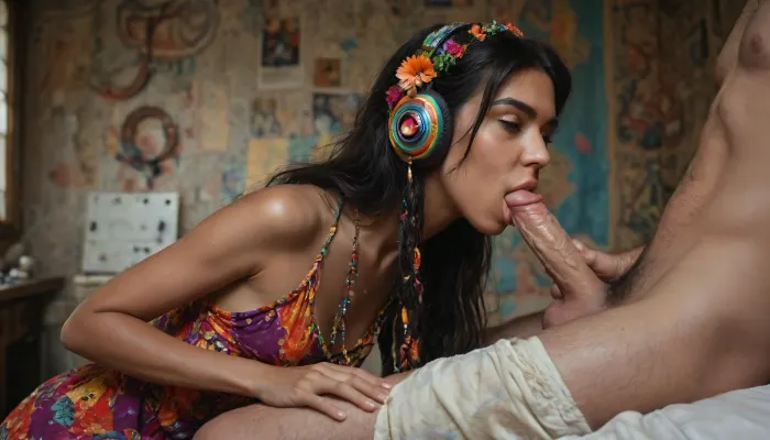 close view, (create a two individuals scenario:1.4), In a 1970s-inspired vintage bedroom, (18 years old African woman has encounter with famous musician:1.4), perfect hands, full body view, (very long black hair), (ultra dark skin:1.3), closed eyes, (detailed tongue:1.4), nipples, eagerly, (giving blowjob to older white male rock star:1.5), (cozy licking hard penis:1.2), side view, photo realism, her long, slightly tousled black hair framing her face, (she wears a colorful and form-fitting dress with intricate patterns:1.4), (reflecting the bohemian hippie style:1.5), skinny figure, perfect anatomy, the room is filled with vibrant, self-painted furniture, (and walls adorned with posters of music bands:1.4), (posters of the Band, The Doors:1.4), (hairy pussy:1.4), as well as travel and concert photographs, (a high-detail vintage turntable sits on the floor:1.4), (surrounded by vinyl records and album covers:1.2), she listens to music, (placing records on the turntable:1.3), (wearing vintage headphones:1.5), her expression is horny and satisfied, the scene is rich in detail, from the texture of her skin to the intricate patterns of her dress, the atmosphere captures the essence of the 70s, with high realism in every element, from her hands and feet to the delicate details of her face, <lora:detailed_notrigger:.6>, <lora:SDXLFaeTastic2400:.5>, <lora:MJ52:.4>, <lora:Portrait_perfection:.8>