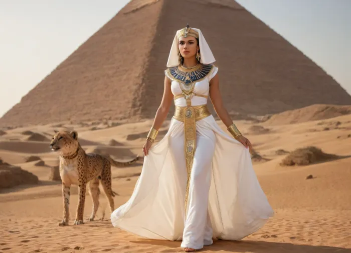 A powerful ancient Egyptian queen strides confidently through a sunlit desert. She wears a pristine white gown detailed with intricate gold embroidery, paired with an elaborate gold and lapis lazuli collar and matching armbands. Her headdress is adorned with the iconic cobra and a mix of navy and gold. Accompanied by two sleek cheetahs walking in perfect harmony at her side, the queen emanates both elegance and authority. The backdrop features towering sandstone statues and pyramids bathed in warm golden light, (creating a majestic and mythical ambiance), <lora:Pyramid:.8>
