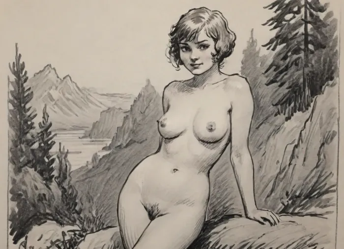 pencil sketch, monochrome, scenic view, framed in the style of 1920s picture postcard, asymmetric composition, posing in foreground is a voluptuous naked adult woman, 1920s hairstyle, natural full bush untrimmed hairy pussy, shy smile, full body view, completely unclothed, medium-sized breasts, soft natural breasts, teardrop-shaped breasts, pencil, <lora:sketch_it:.8>, <lora:Pencil_Sketch-06R:.8>, drawix6, dwx6, <lora:drawix6:.8>, no pubes, lineart, caricature, <lora:pen-art:.8>, skyrimlandscapes, <lora:SkyrimLandscapesXL10:.8>