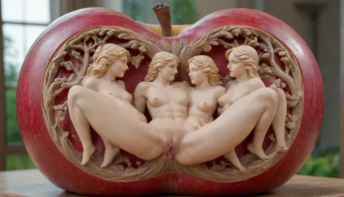 A giant apple, partially carved with openwork depicting the sexual story of Adam and Eve, with the openwork sections showing the scene of their intercourse., <lora:SDXL_Sevenof9_7th_NSFW:.8>, <lora:SquattingAnal:.8>