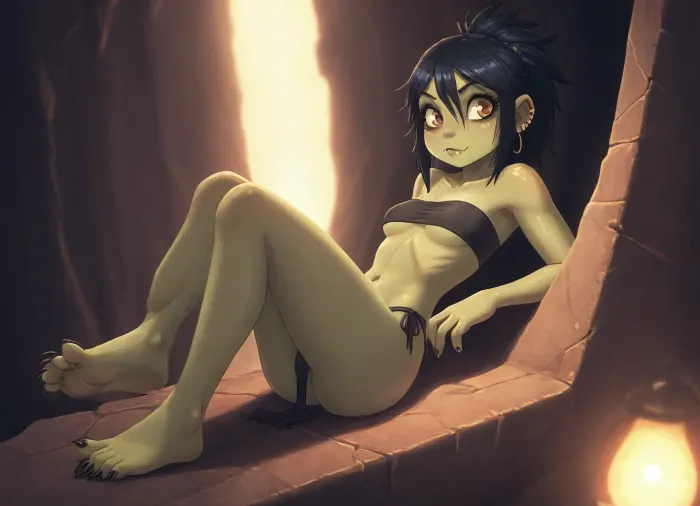 (Jack cayless art style), (monster), (female goblin:1.04444), beautiful, (female, (adult:1.088888888)), lanky build, broad shoulders, (lime green skin:1.04444), (big voluminous dark indigo hair:1.1111111), (red eyes:.555), ((evil face)), (sharp teeths:1.0777), (nails and toenails are tiny sharp claws:1.4444), sitting on ledge of deep cliff, feet hanging off the side, waiting, (bones, skulls, trasure:1.07777777), small_breasts, bandeau top with, (bow tied in center), ((bow in center of bandeau top)), (underboob:1.0333), ((tiny scrap of loin cloth), scrap barely covers pussy, (scrap fails to completely conceal pussy:.777)), big cave, massive chasm, deep dark cave, (lit by torches, and glowing mushrooms and lamps etc:.4444), view from above, view from side, view from behind, interesting angle, interesting perspective close, intimate lighting, ultrarealistic shadows, HD Pro Certified Really Good Pichxr

yours truly, Astrid Ivy, <lora:add-detail-xl:1.88888888>, <lora:princess_xl_v2:.4444>, <lora:DetailedEyes_V3:1.666>, <lora:2FingersSDXL_v03:.88888888>, <lora:Rendered Environments  SDXL v1.0:.88888888>