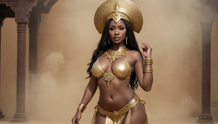 sandstorm priestess, (cosplay), (Vietnamese milf), striptease, dark skin, dark and elegant background, high fantasy