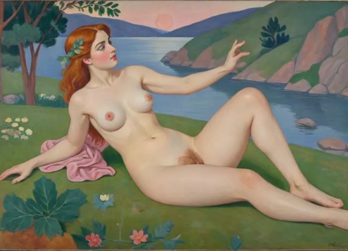 masterpiece, full color image, 8K quality, "Nymph and Satyr" by Henri Matisse, created in 1909.A fawn catching a nymph by surprise, the painting depicts naked bodies against a landscape background. The yellow-green plane of the earth in the foreground flows into the soft shapes of the hills in the background, their contours outlined by dark green lines. The aquamarine line of the reservoir separates the plans, from where, apparently, the nymph came out, to which the satyr lustfully rushes, the reddish color of the latter's body and the pale pink flesh of the nymph contrast sharply with the colors of the surrounding landscape. Laconism and graphicity in the drawing of figures evoke images from ancient vase painting and enhance the dramatic effect inherent in the expressive poses of the characters in the painting. The painting is painted with oil paints.is enhanced by the light, which gives almost no shadows. The painting is made with oil paints