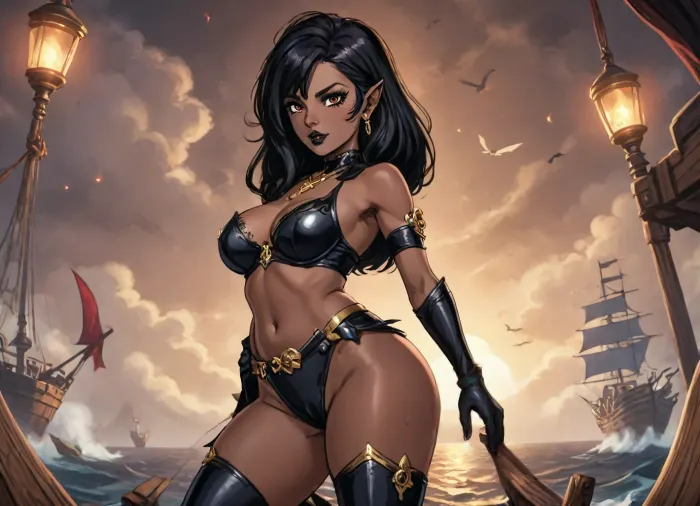 (2d sketch:1.3), 1girl, (rear view), from behind, (full body), (ass view), solo female, standing confidently with one leg slightly forward, (video game character design), highly detailed, ultra-detailed, concept art, ((dark elf vampire girl)), ancient bloodline, seductive and deadly aura, powerful yet elegant presence, sexy pose, dynamic posture, expressive body language, accentuating curves, (long legs), (massive hips), (bubble butt), hourglass figure, refined anatomy, medieval fantasy setting, (dark skin:1.7), smooth and glowing obsidian-toned skin under warm sunset light, dressed in a highly stylized pirate outfit with fantasy military influences, combining functionality with seduction, exotic and enchanting, short torn skirt revealing lace fishnets with intricate gothic patterns, high heels with steel heels and skull-shaped embellishments, (black hair:1.8), long, voluminous, slightly wavy black hair flowing with the sea breeze, adorned with silver rings and small braided sections, red outfit with contrasting black leather straps and gothic silver clasps, dramatic red fabric blowing in the wind, black and red color scheme dominant in the entire design, pirate meets vampire royalty aesthetic, full glossy lips, (wide mouth), with sharp fangs barely visible, (black lipstick), sultry eye makeup with thick, (black mascara), deep red eyes with a supernatural glow, (thick eyebrows), arched seductively, gothic accessories such as choker with crimson gem, silver rings, vambraces, and ornate belt, detailed leather gloves and thigh bands, dramatic earrings shaped like daggers, elaborate corset with steel boning and arcane runes, background features, (on the pier), worn medieval wooden planks under her heels, harbor ambiance, sail vessels in the background — tall masts and hanging sails catching the last golden rays of light, foggy seascape beyond, seagulls flying above, ropes and barrels scattered on the dock, lanterns casting warm medieval glow, cinematic lighting, high contrast, glowing atmosphere, concept art style, soft shadows and detailed rendering, stylized clouds in the distance, harbor buildings made of stone and wood with gothic spires, epic fantasy environment, painterly rendering, slight motion blur in fabric for dynamic feel, rim lighting highlighting her silhouette, dramatic perspective from lower angle, storytelling composition, artstation, trending, fantasy illustration, masterpiece, best quality, <lora:cartoon_stickers_xl_v1:1.4>, <lora:hentai_anime_style_xl_v1:1>, <lora:AnimatedNightmaresStyle:1.8>, <lora:EnvyBeautyXL02:.8>